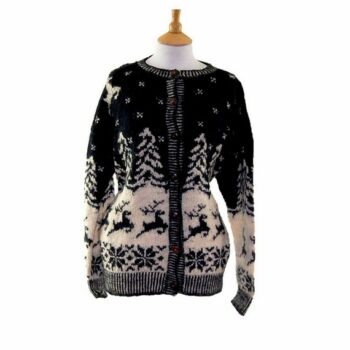 Womans Pure Wool Black Reindeer Cardigan 