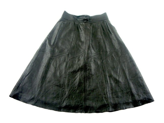 Front close up of 80s Black leather patchwork vintage skirt