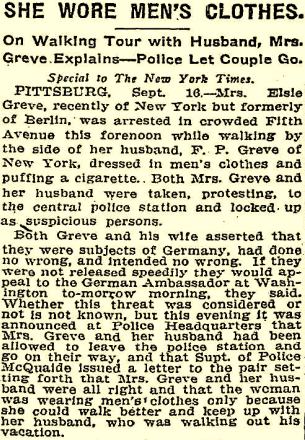 A newspaper report about Baroness Elsa von Freytag Loringhoven's arrest for crossdressing - although wearing mens clothes was quite tame for the Baroness-to-be A newspaper report about Baroness Elsa von Freytag Loringhoven's arrest for crossdressing - although wearing mens clothes was quite tame for the Baroness-to-be