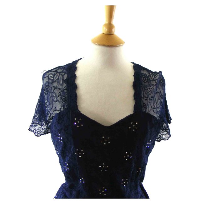 Blue lace 1940s Evening dress,close-up