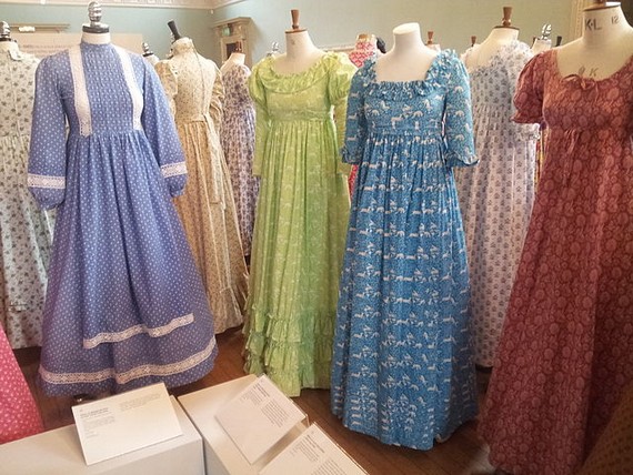 Laura Ashley mid 1970s printed cotton dresses on display at the Fashion Museum, Bath, 2013. Laura Ashley mid 1970s printed cotton dresses on display at the Fashion Museum, Bath, 2013.