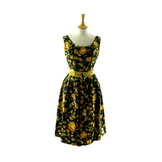 yellow & black floral print 50s dress