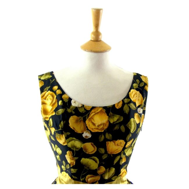 yellow & black floral print 50s dress ,close up