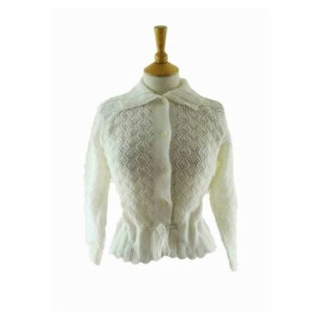 70s White Diamond Patterned Knitted Cardigan
