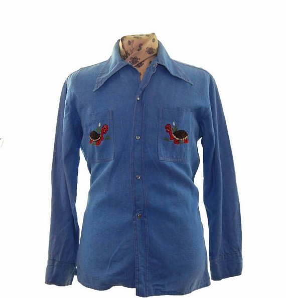 mens vintage shirts - Tortoise Embroidered Denim Shirt