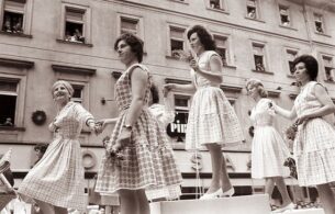 Women wearing 1960s vintage dresses, 1961