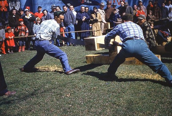 He’s a lumberjack and he don’t care., -Jump if you love check shirts!, - lumberjack contest, 1956 . He’s a lumberjack and he don’t care., -Jump if you love check shirts!, - lumberjack contest, 1956 .