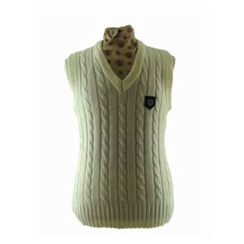 Mens White V Neck Cable Knit Sleeveless Cricket Sweater
