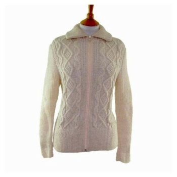 70s Ladies White Cable Knit Cardigan Womens