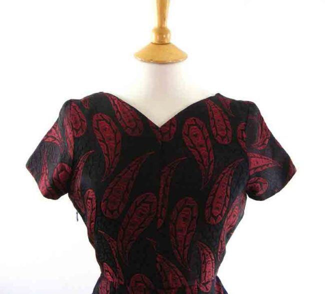 60s Dark Red Brocade Dress-close up