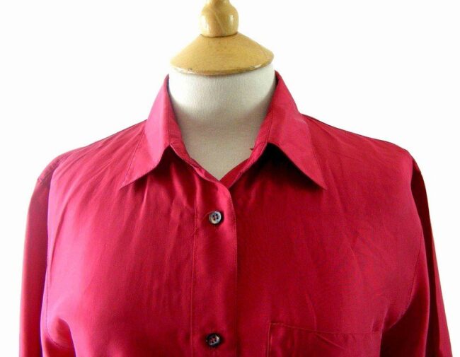 Close up of 90s Red Silk Short Sleeved Blouse