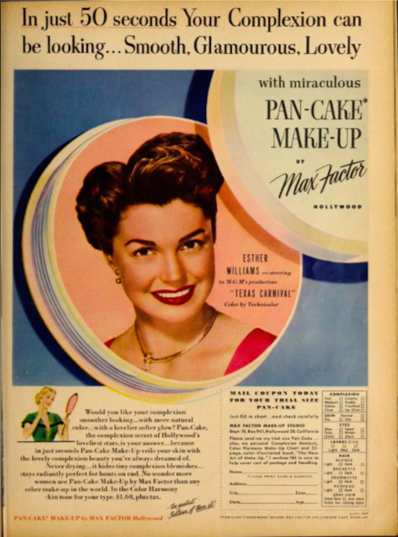 Film inspired fashion-Esther Williams advertises Max Factor makeup