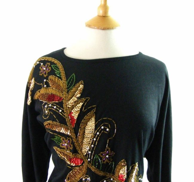 Close up of 80s Sequined Beaded Black T shirt