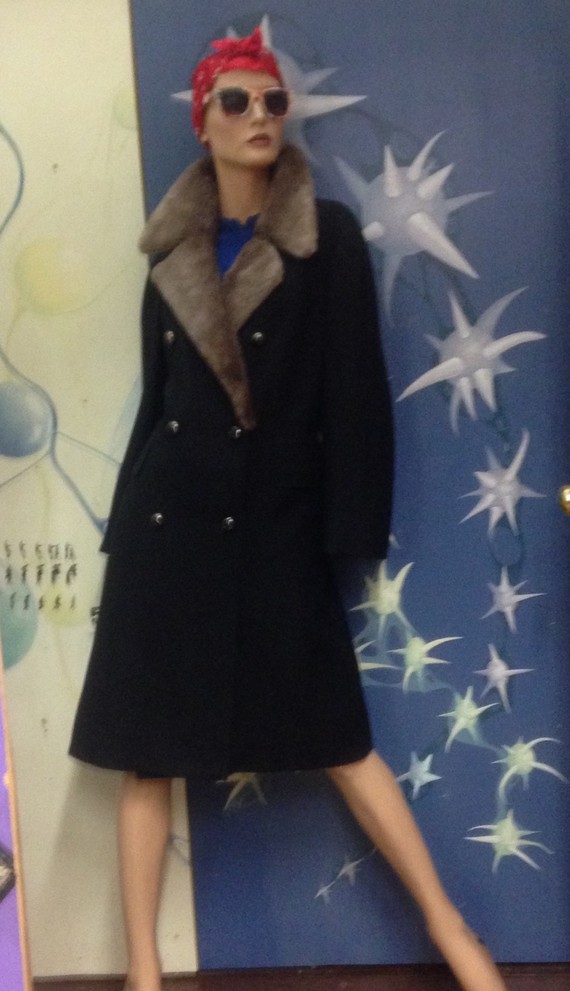 Womens 1960s black wool fur trim coat Womens 1960s black wool fur trim coat