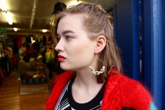 90s cropped dungarees retro sparkly hoop earrings.