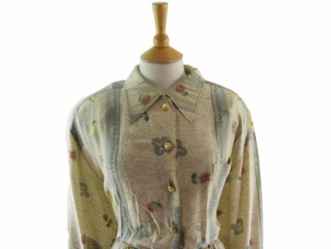 Close up of 80s Silk Floral Print Dress