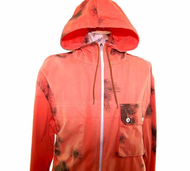 90s Tie Dye Orange Hooded military parka jacket closeup