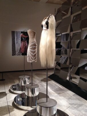 Exhibition view, Azzedine Alaia: The Couturier.cowhide dress