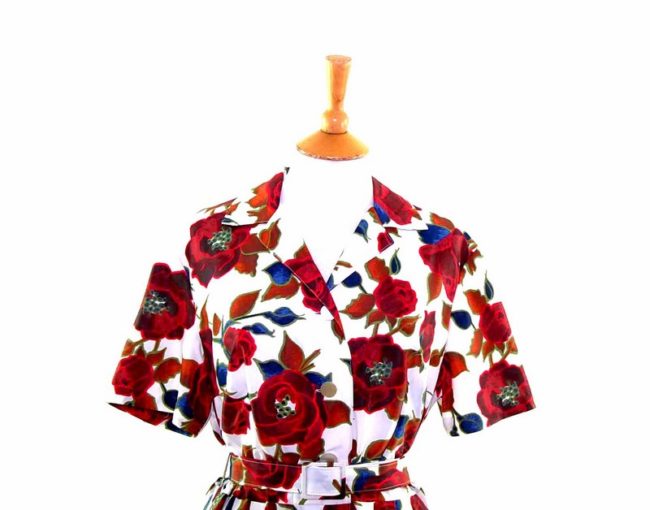 50s Rose Patterned Belted Dress closeup