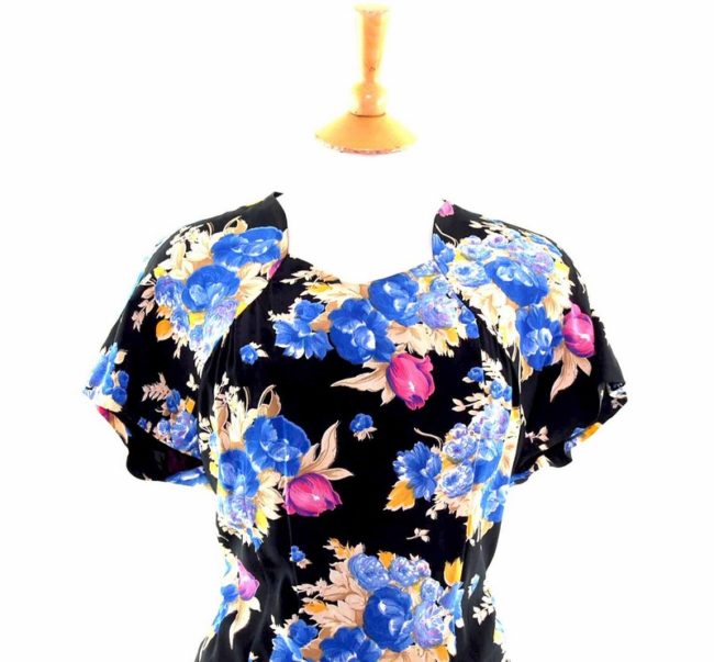 50s Black Floral A line Dress closeup