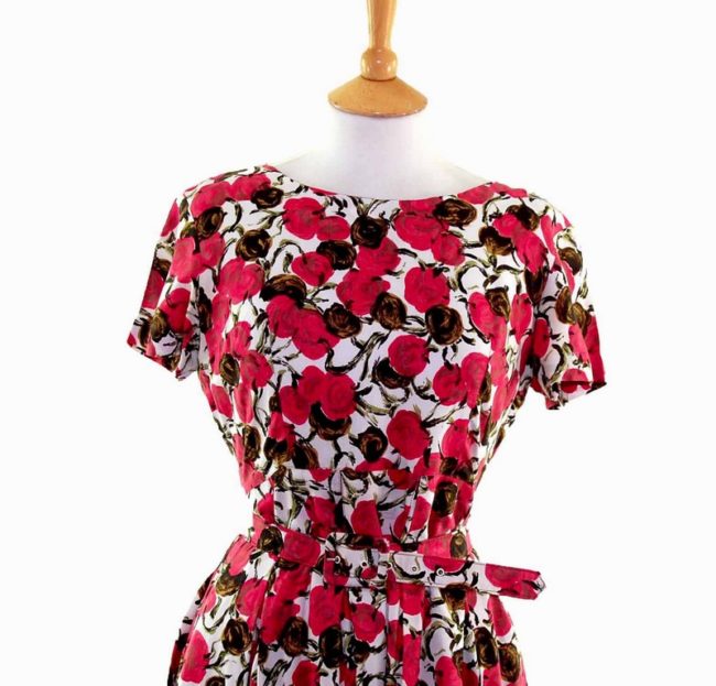 50s Pink Floral Patterned Belted Dress closeup