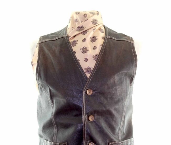 Dark Brown Leather Waistcoat closeup