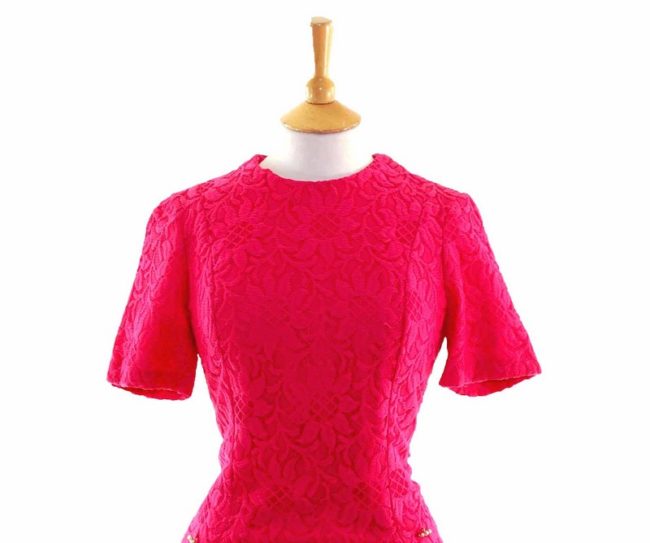 60s Pink Floral Lace Dress closeup