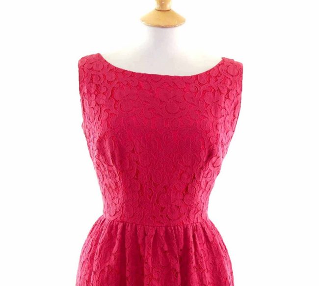 50s Dark Pink Floral Lace Dress closeup