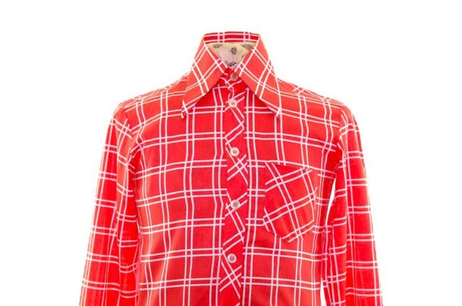 70s Red Patterned Long Sleeve Shirt closeup