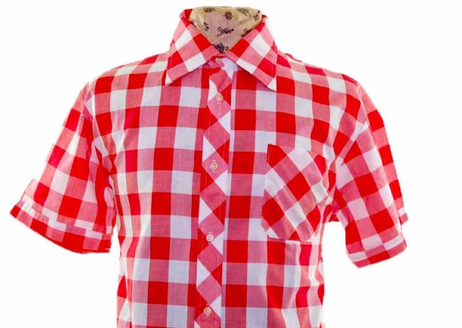 70s Red Gingham Short Sleeve Shirt closeup