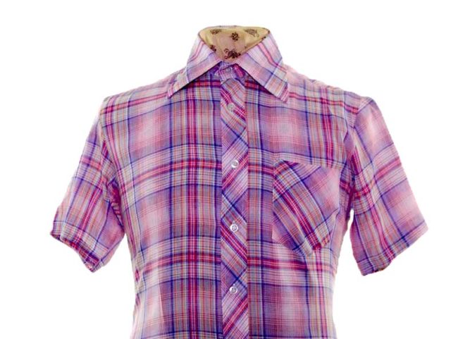 70s Purple Thin Checked Short Sleeve Shirt closeup