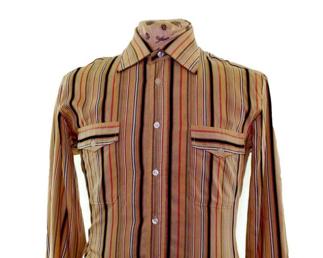 70s Brown Striped Long Sleeve Shirt closeup