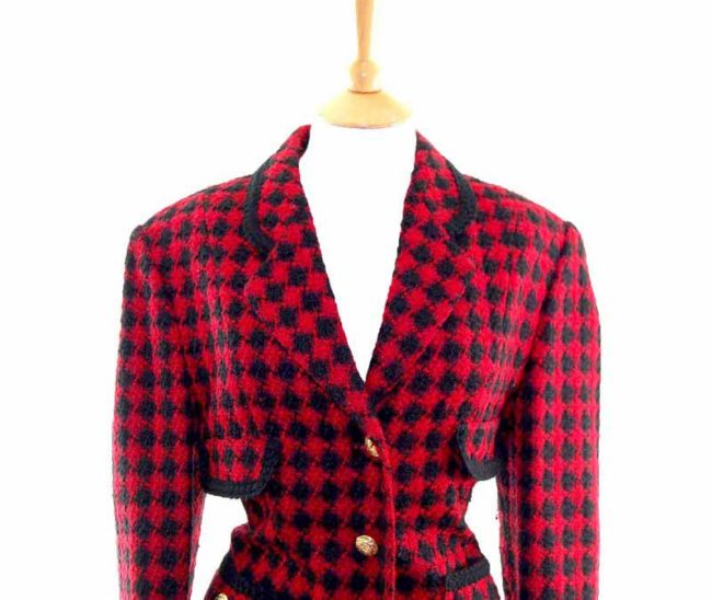 Ladies Red Checked Wool Jacket closeup