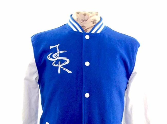 Royal Blue Woolen Varsity Jacket closeup