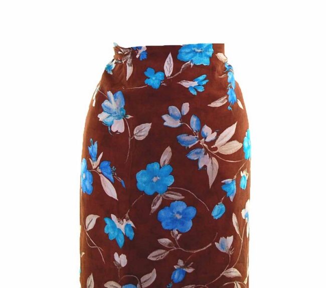 90s Brown Blue Floral Printed Wrap Skirt closeup