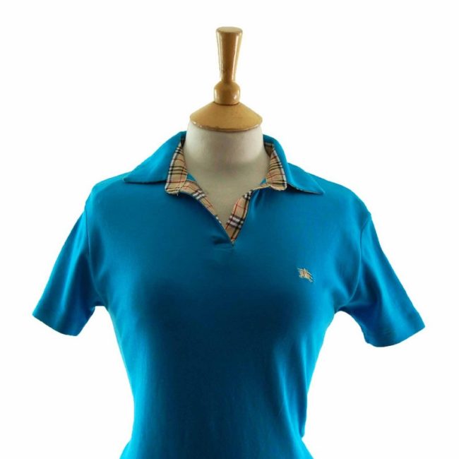 Close up of Ladies Bright Blue Burberry Polo Shirt