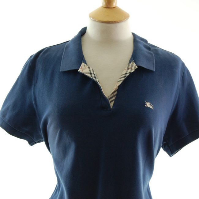 Close up of Ladies Dark Blue V Neck Burberry Polo Shirt