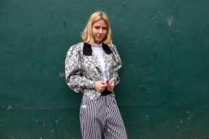 Alex wears Blue17 vintage Shoulder Pad Jacket from Blue17 vintage