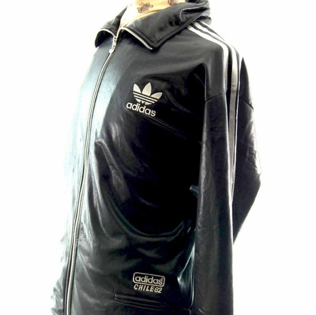 Side view of 90s Shiny Black Adidas Track Jacket