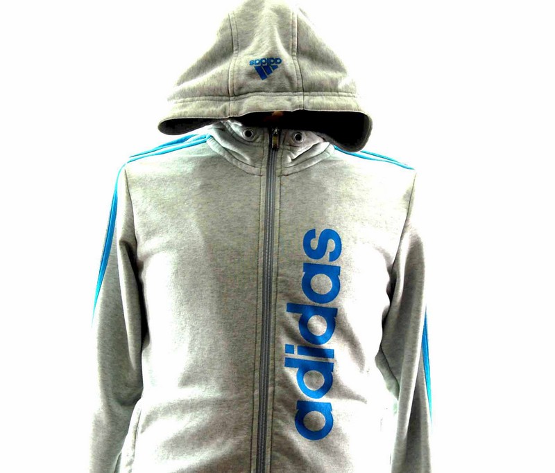 Grey Adidas Zip Up Hoodie with blue Adidas lettering Blue 17 Vintage