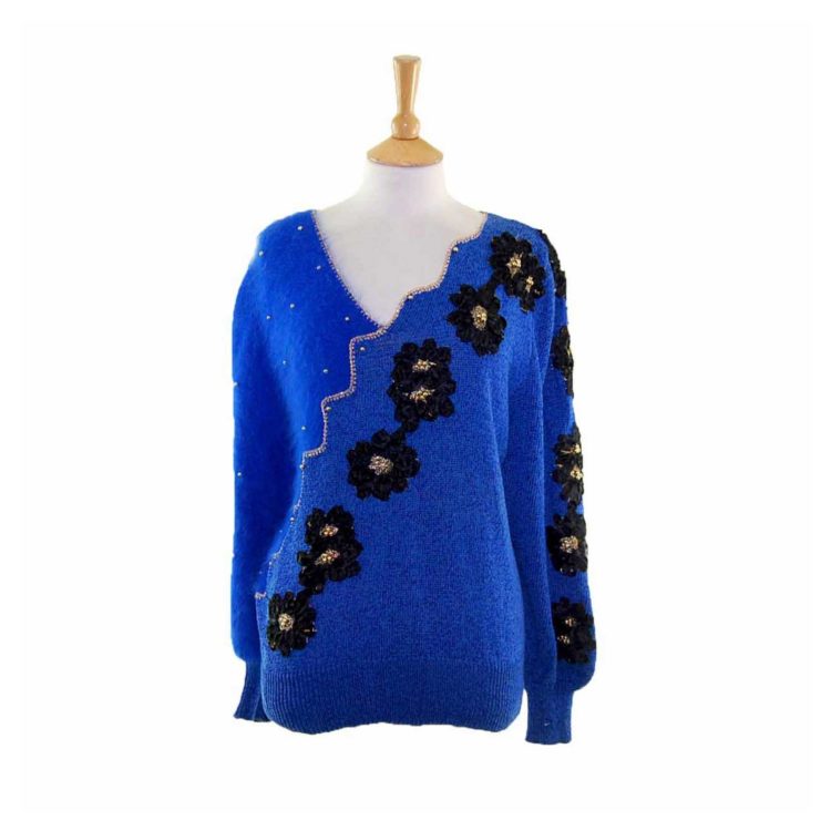 Blue Angora And Cotton 80s Sweater With Black Appliqued Flowers