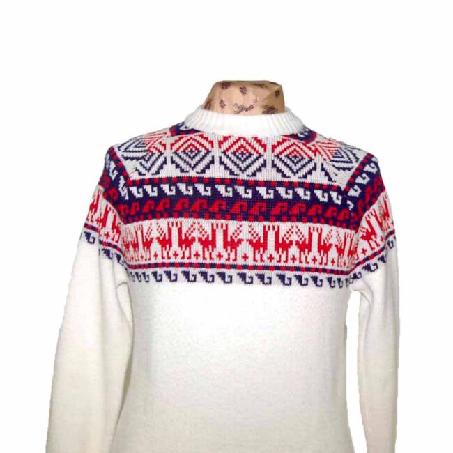 Close up of 70s Mens White Nordic Reindeer Sweater