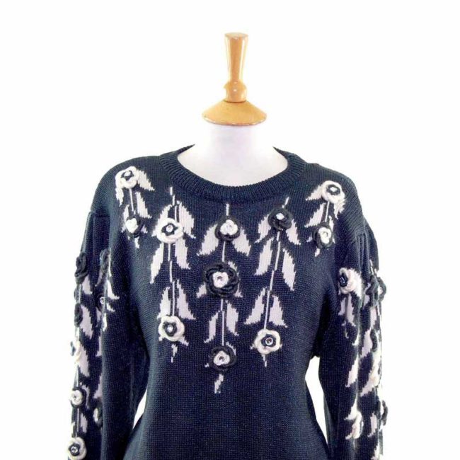 Close up of Ladies Black Floral Decorated Long Sleeve 80s Sweater