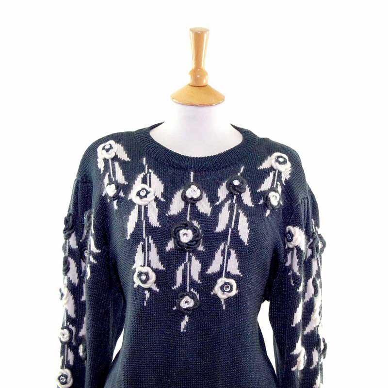 Ladies Black Floral Decorated Long Sleeve 80s Sweater - 10