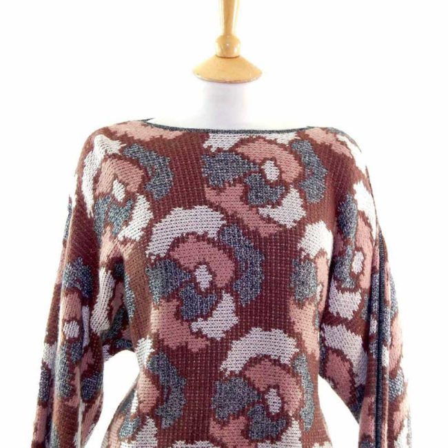 Close up of Ladies Funky Multicoloured Abstract Print Long Sleeve 80s Sweater