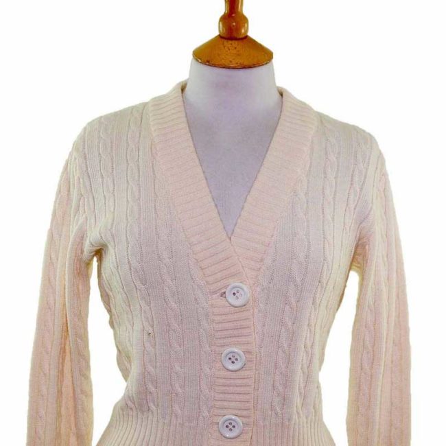 Close up of Ladies White Long Sleeve Cable Knit 70s Cardigan