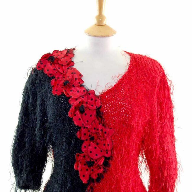 Front close up of Hacienda Spanish Style Shaggy Floral Appliqued 80s Sweater