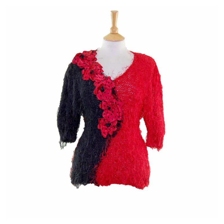 Hacienda Spanish Style Shaggy Floral Appliqued 80s Sweater