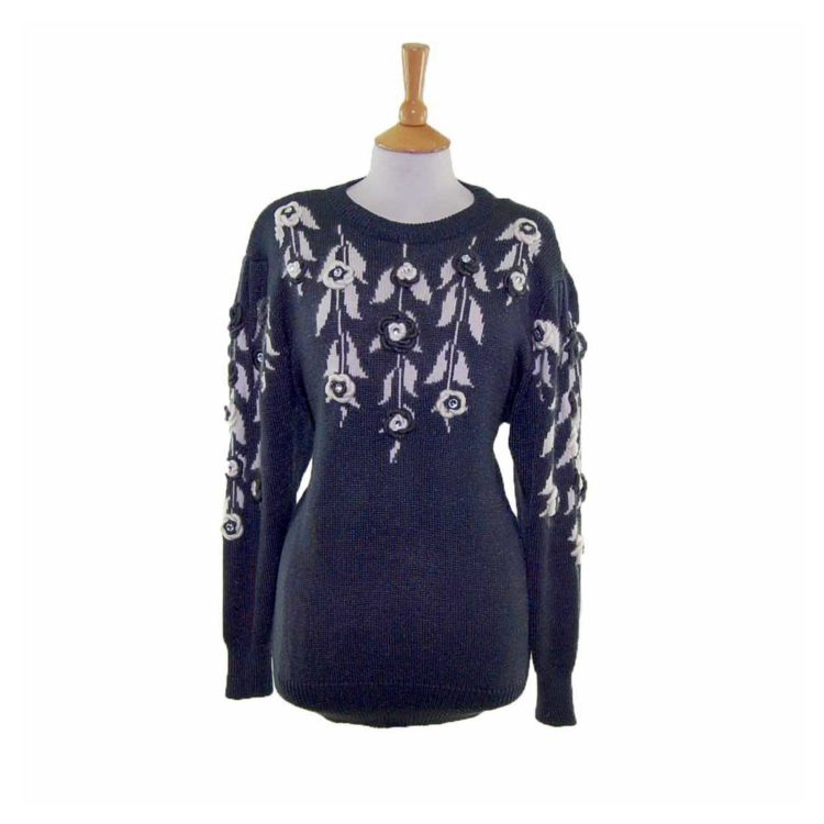 Ladies Black Floral Decorated Long Sleeve 80s Sweater