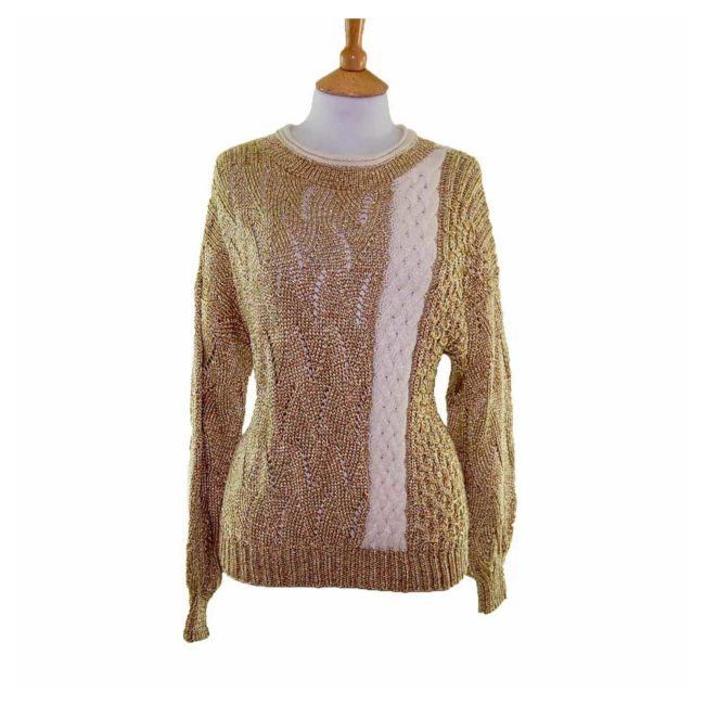 Ladies Gold Long Sleeved Cable Knit 80s Sweater